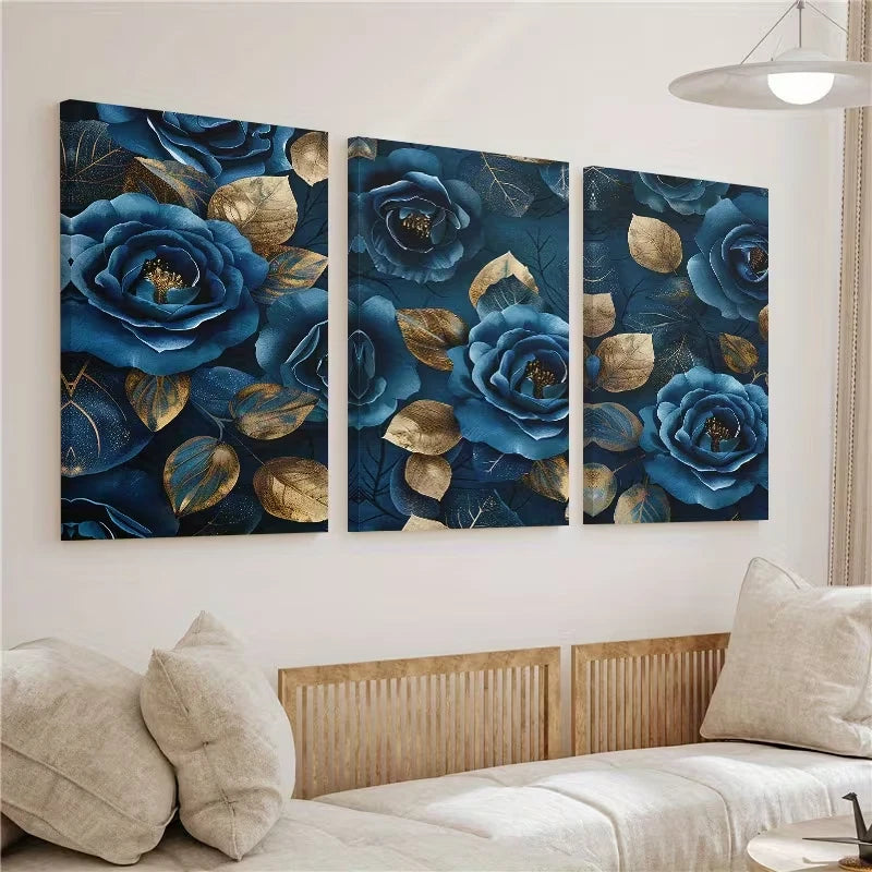 3pcs Abstract Golden and Blue Rose Flowers Wall Art Set Canvas Framed 60x90cm - High Quality Print 100% Australian Made Wall Canvas Ready to Hang