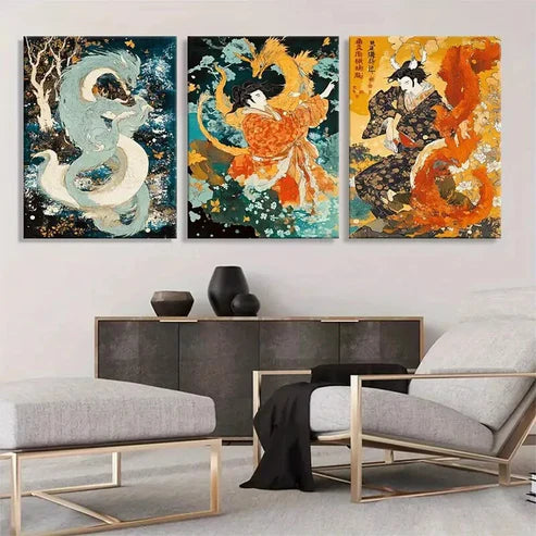 3pcs Japanese Mythology Geisha Dragon Perfect Art Set Canvas Unframed - High Quality Print 100% Australian Made Wall Canvas