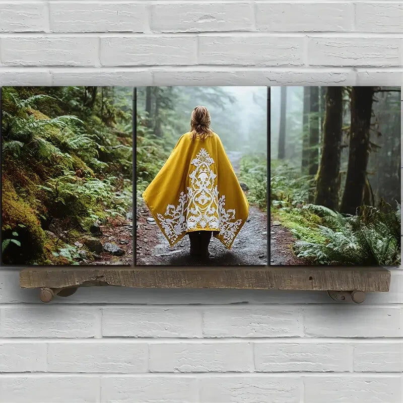 3pcs The Yellow Clothed Woman In The Forest Metal Print Ready to Hang Art - Bella Home Decor