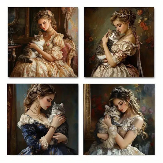 4pcs Elegant Lady Holding Cat Wall Art Canvas Framed