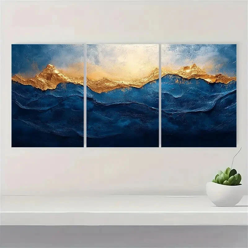 3pcs Blue and White Abstract Painting Golden Metal Print Ready to Hang Art - Bella Home Decor