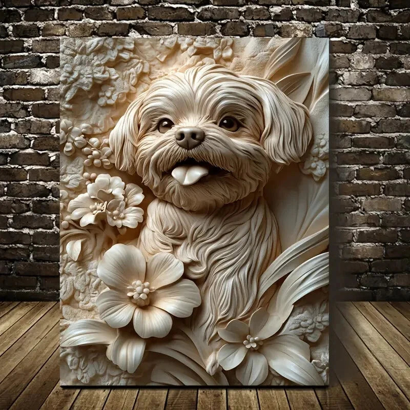 Cheerful Shih Tzu Surrounded by Flowers Painting 40x60cm Metal Print Ready to Hang - Bella Home Decor
