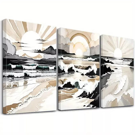 3pcs Classic Retro Minimalist Seascape Anime Wall Art Set Canvas Framed 50x70cm - High Quality Print 100% Australian Made Wall Canvas Ready to Hang