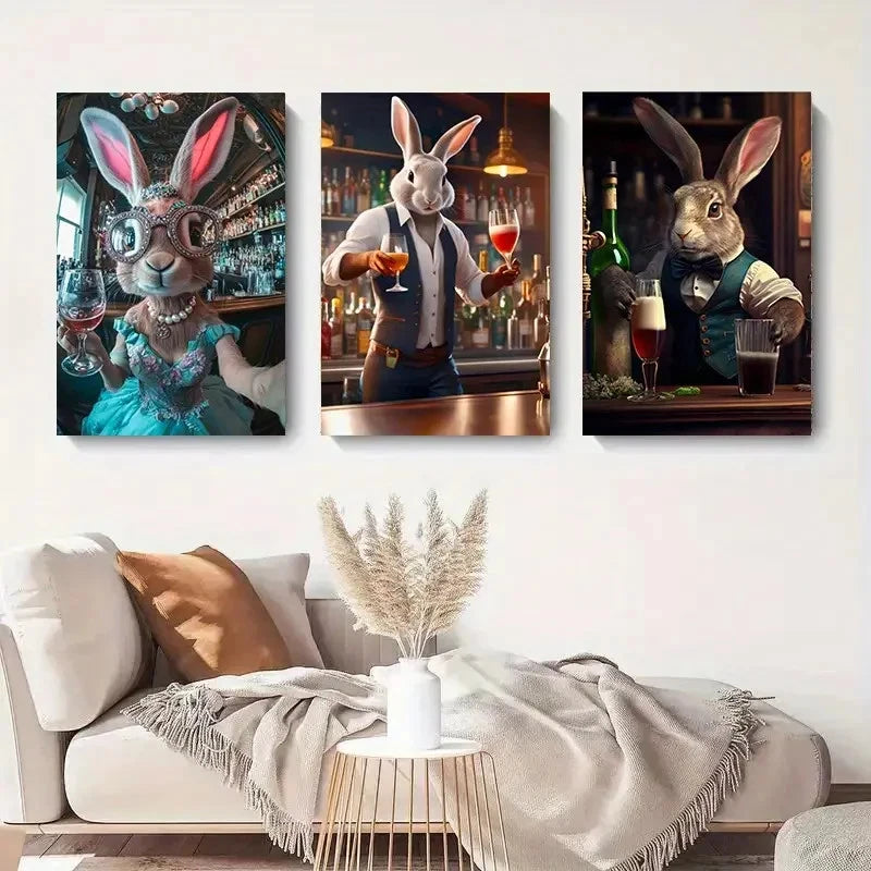 3pcs Rabbit Bartender  Contemporary  RB Wall Art Set Canvas Framed 50x70cm - High Quality Print 100% Australian Made Wall Canvas Ready to Hang