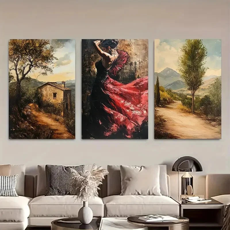 3pcs Beautiful Flamenco Dancer Spain Landscape Metal Print Ready to Hang Art - Bella Home Decor