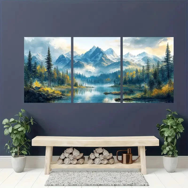 3pcs Mountain Triptych Rustic Forest Landscape Metal Print Ready to Hang Art - Bella Home Decor