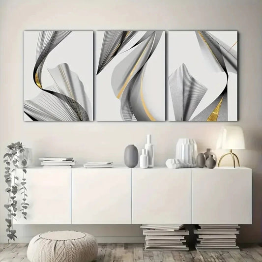 3pcs Black and Golden Lines, Minimalist Metal Print Ready to Hang Art