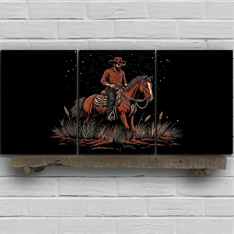 3pcs Man Riding a Horse Animal Themed Metal Print Ready to Hang Art - Bella Home Decor
