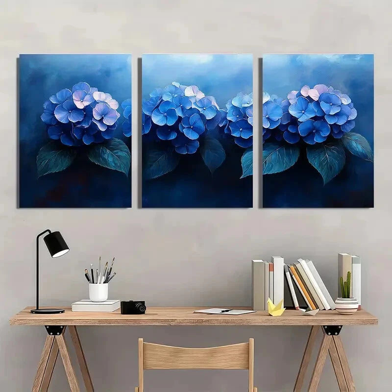 3pcs Blue Hydrangea Painting Print Garden Metal Print Ready to Hang Art - Bella Home Decor