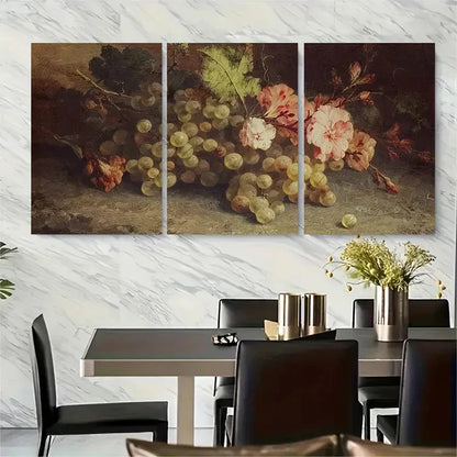 3pcs Still Life Vintage Flowers And Grapes Metal Print Ready to Hang Art
