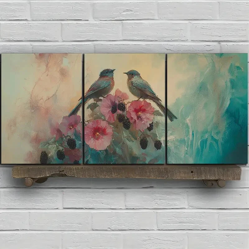 3pcs Birds Themed on Blackberry Flowers Metal Print Ready to Hang Art - Bella Home Decor