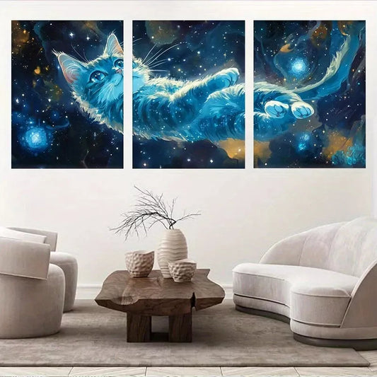 3pcs Vibrant Blue Cosmic Cat Adventure Wall Art Set Canvas Framed 50x70cm - High Quality Print 100% Australian Made Wall Canvas Ready to Hang