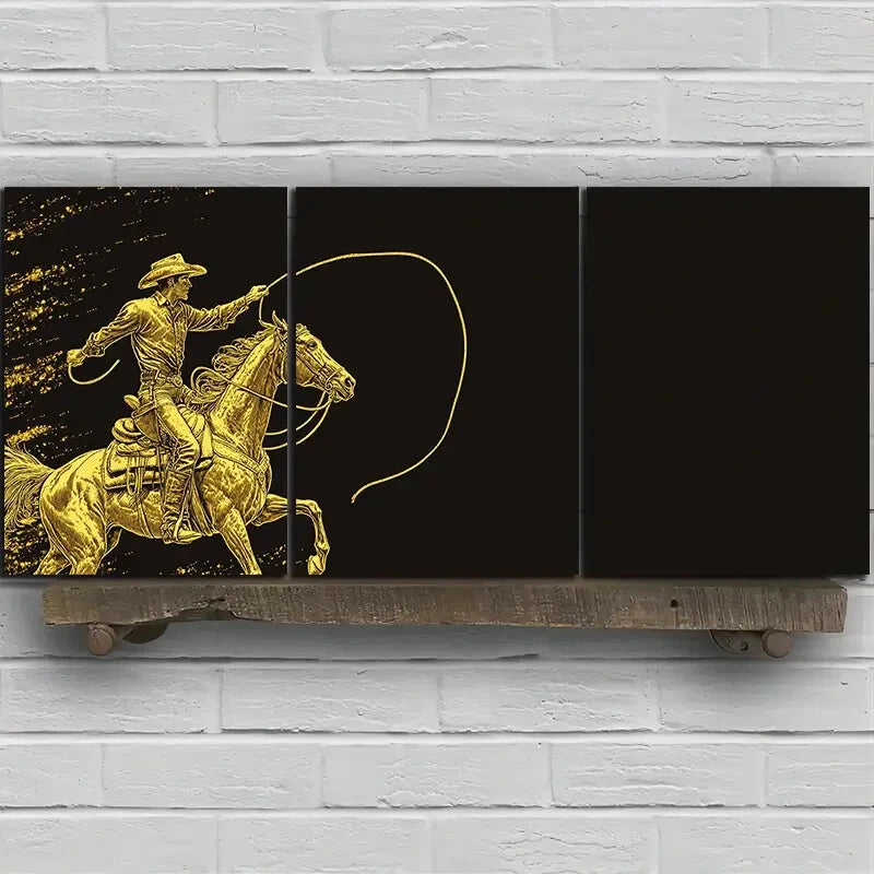 3pcs Black & Gold Man Riding a Horse Metal Print Ready to Hang Art - Bella Home Decor