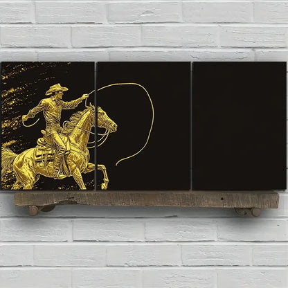 3pcs Black & Gold Man Riding a Horse Metal Print Ready to Hang Art - Bella Home Decor