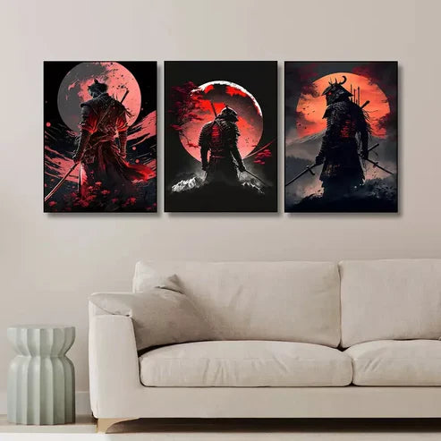 3pcs Cherry Blossom Sunset Japanese Samurai Wall Art Set Canvas Unframed - High Quality Print 100% Australian Made Wall Canvas - Bella Home Decor