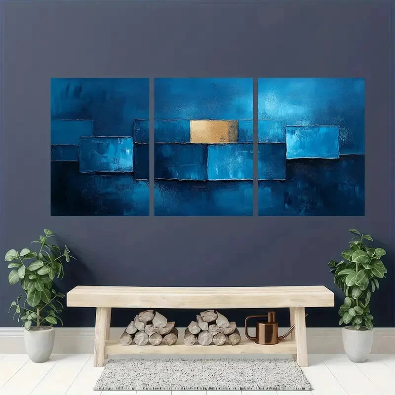 3pcs Abstract Blue Oil Paintings Navy & Golden Metal Print Ready to Hang Art - Bella Home Decor