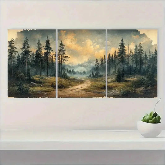 3pcs Sketch Wooded Landscape Illustration Metal Print Ready to Hang Art