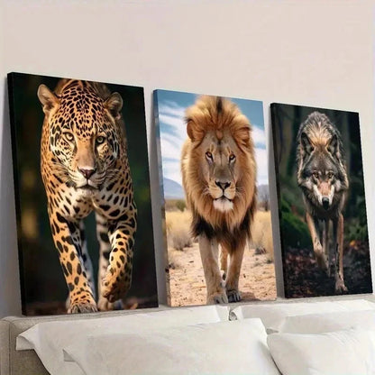 3pcs Wildlife JAGUAR, Lion and Brazilian Wolf Wall Art Set Canvas Framed 60x90cm - High Quality Print 100% Australian Made Wall Canvas Ready to Hang - Bella Home Decor