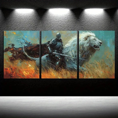 3pcs Knight and Lion Illustration Metal Print Ready to Hang Art - Bella Home Decor