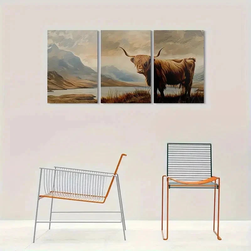 3pcs Scenic Landscape with Highland Cow Wall Art Set Canvas Framed 40x60cm - High Quality Print 100% Australian Made Wall Canvas Ready to Hang