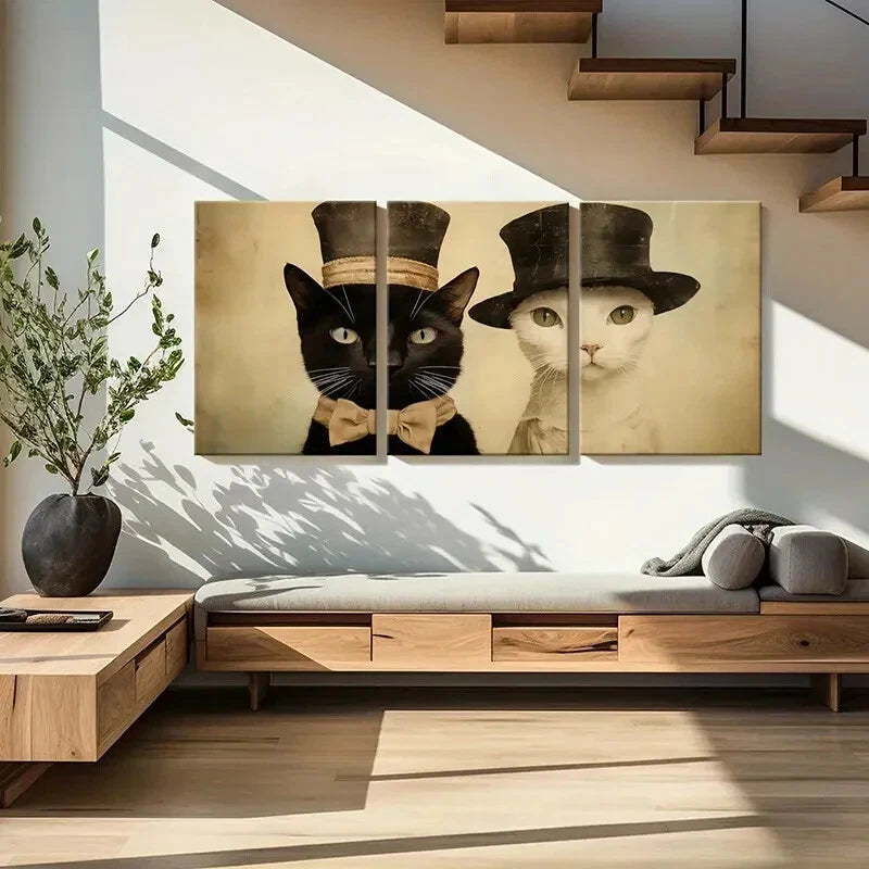 3pcs Elegant Cats In Top Hats Vintage Style Metal Print Ready to Hang Art - Bella Home Decor