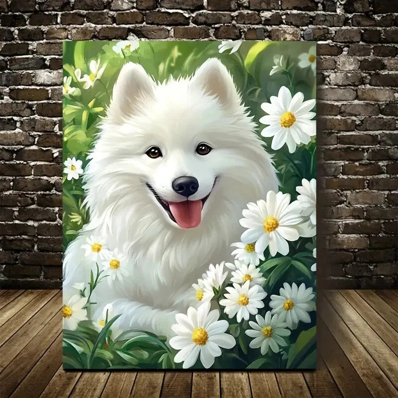 Adorable Samoyed Dog with White Flowers Painting 40x60cm Metal Print Ready to Hang