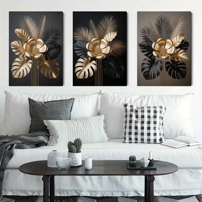 3pcs Golden Flowers Metallic Leaves Metal Print Ready to Hang Art - Bella Home Decor