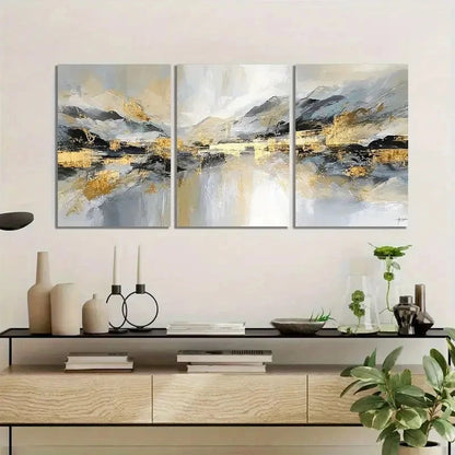 3pcs Golden And Silvery Accent Abstract Metal Print Ready to Hang Art - Bella Home Decor