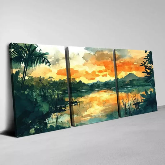 3pcs Vivid Watercolor Lake Greenery Scenery View Art Set Canvas Framed 50x70cm - High Quality Print 100% Australian Made Wall Canvas Ready to Hang