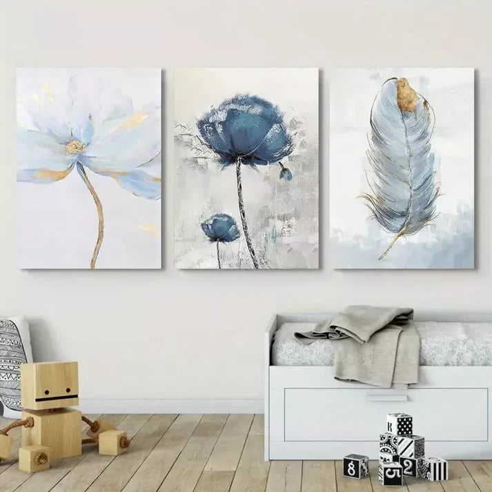 3pcs Blue Flower Wall Art Canvas Unframed - High Quality Print 100% Australian Made Wall Canvas - Bella Home Decor