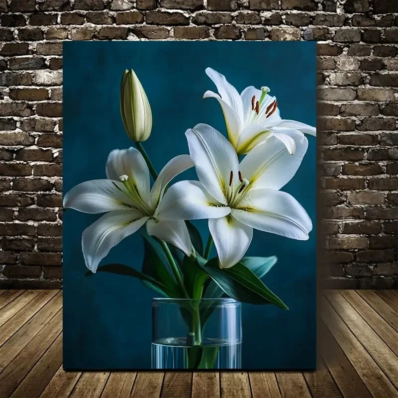 Elegant White Lilies Dark Blue Background Painting 40x60cm Metal Print Ready to Hang - Bella Home Decor