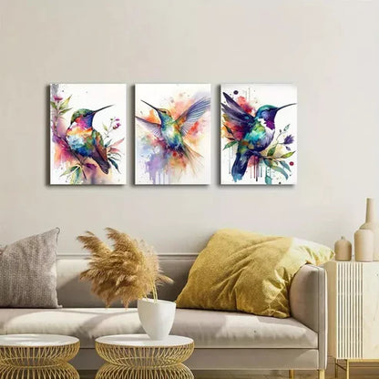 3pcs Watercolor Hummingbird & Flowers Wall Art Set Canvas Unframed - High Quality Print 100% Australian Made Wall Canvas