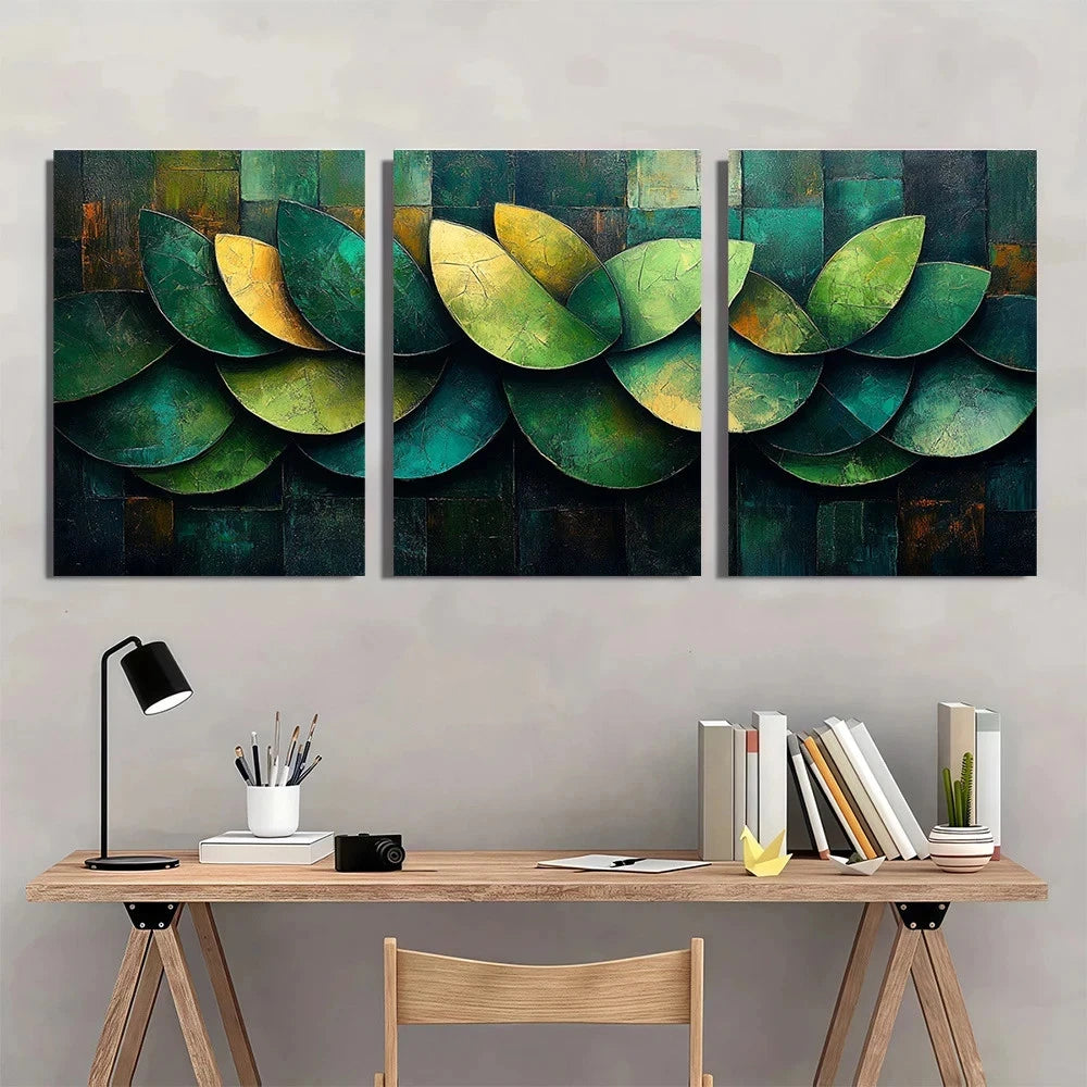 3pcs Vintage Abstract Green Leaves Themed  Wall Art Set Canvas Framed 40x60cm - High Quality Print 100% Australian Made Wall Canvas Ready to Hang