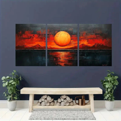 3pcs Abstract Sunset Beige & Brown Geometric Metal Print Ready to Hang Art - Bella Home Decor