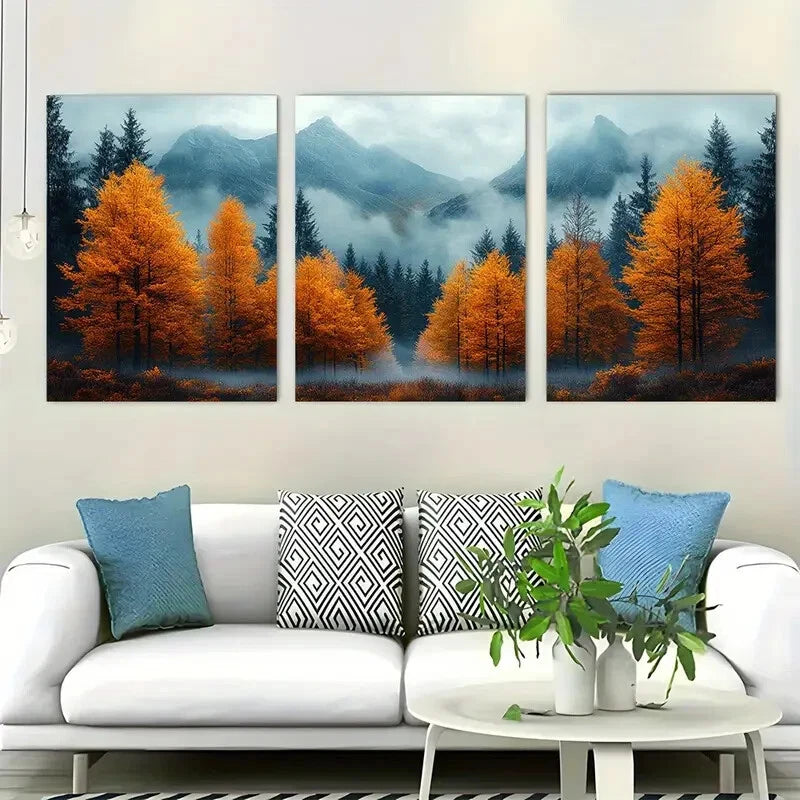 3pcs Autumn Mountain Landscape Misty Perfect Wall Art Set Canvas Framed 40x60cm - High Quality Print 100% Australian Made Wall Canvas Ready to Hang - Bella Home Decor