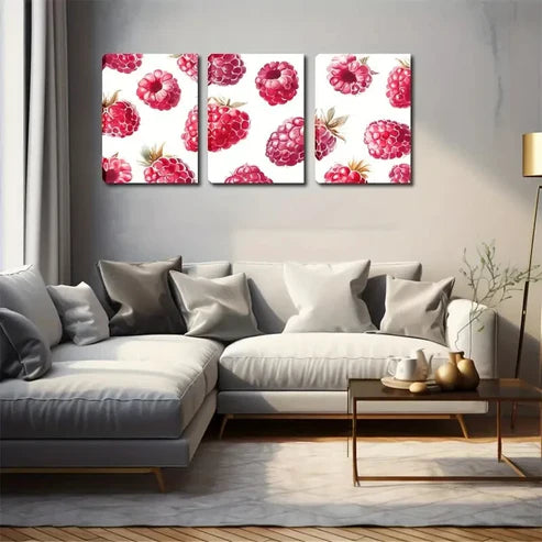 3pcs Raspberry Watercolor Style Wall Art Canvas Unframed - High Quality Print 100% Australian Made Wall Canvas