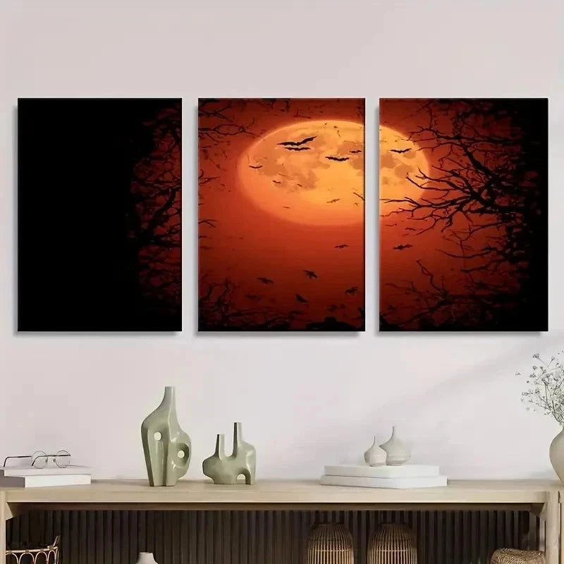 3pcs Simulation Halloween Moon Backdrop Wall Art Set Canvas Framed 60x90cm - High Quality Print 100% Australian Made Wall Canvas Ready to Hang