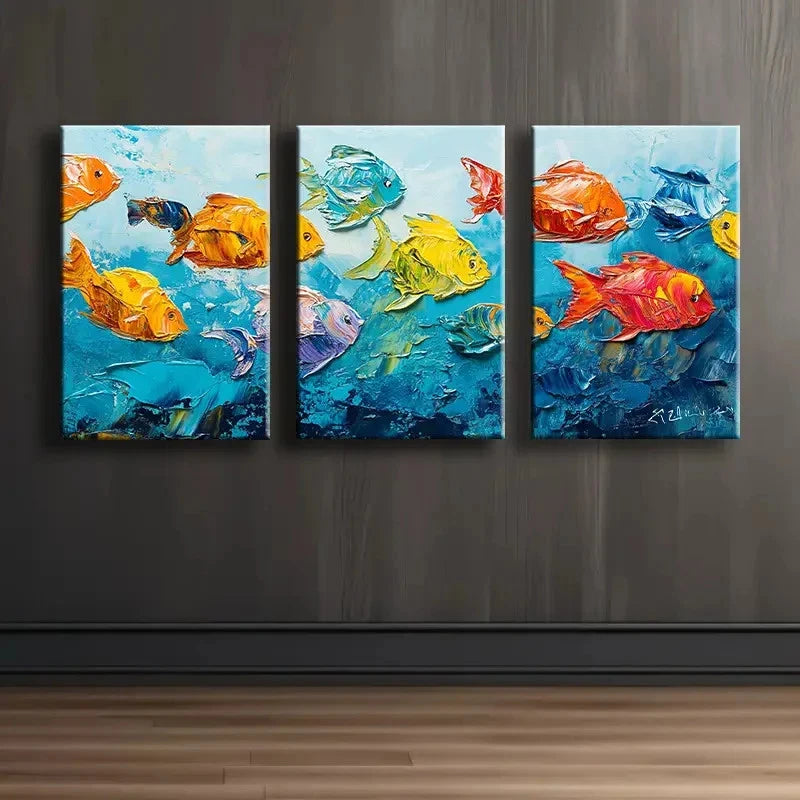 3pcs Vibrant Fish 3D Effect Wall Art Set Canvas Framed 40x60cm - High Quality Print 100% Australian Made Wall Canvas Ready to Hang