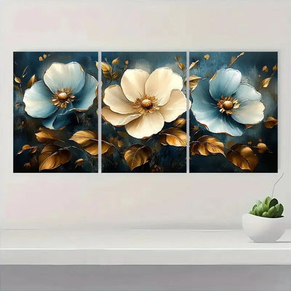 3pcs Minimalist Golden & Blue Flower Design Metal Print Ready to Hang Art