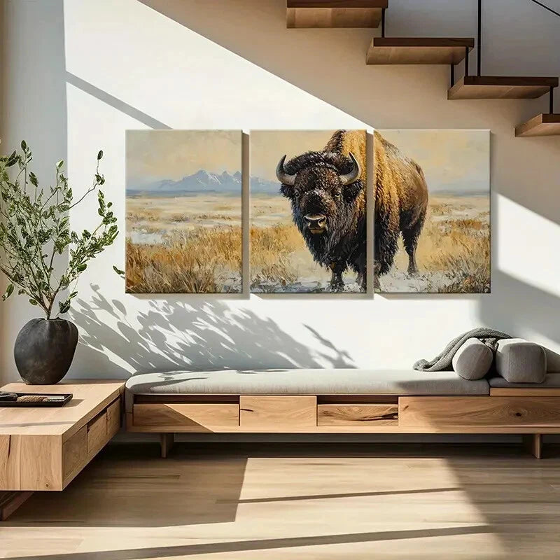 3pcs Artistic Bison Landscape Winter Scene Metal Print Ready to Hang Art - Bella Home Decor
