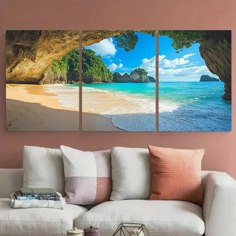 3pcs Cathedral Cove Beach Coastal-Themed Metal Print Ready to Hang Art - Bella Home Decor