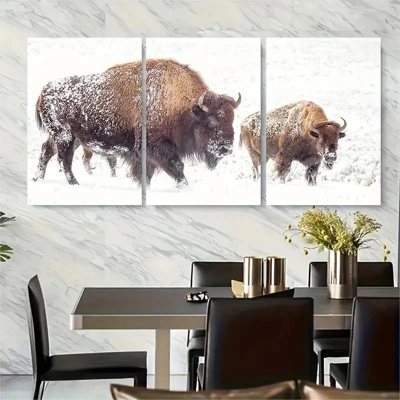 3pcs- Snowy American Bison Scene Metal Print Ready to Hang Art