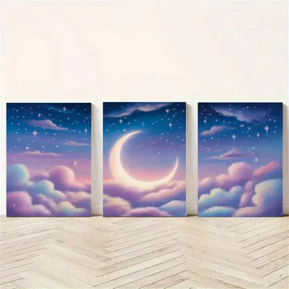 3pcs Moon, Pink Clouds, Stars Nordic Style Wall Art Set Canvas Unframed - High Quality Print 100% Australian Made Wall Canvas