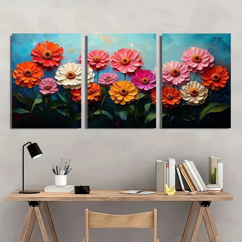 3pcs Reds And Apricot Zinnia Flower Perfect Wall Art Canvas Unframed - High Quality Print 100% Australian Made Wall Canvas