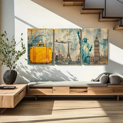 3pcs Statue Of Liberty Eiffel Tower Airplane Metal Print Ready to Hang Art - Bella Home Decor