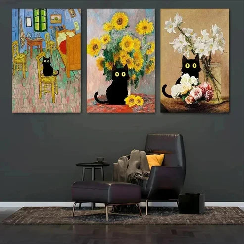 3pcs Black Cats in Famous Wall Art Canvas Unframed - High Quality Print 100% Australian Made Wall Canvas - Bella Home Decor