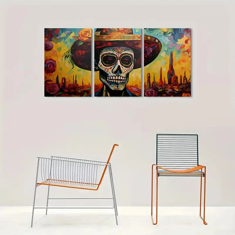 3pcs Day of the Dead Skull Triptych Painting Metal Print Ready to Hang Art - Bella Home Decor