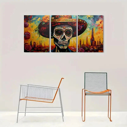 3pcs Day of the Dead Skull Triptych Painting Metal Print Ready to Hang Art - Bella Home Decor