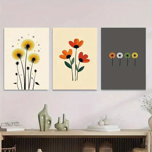 3pcs Vibrant Floral & Dandelion Beige, Red Wall Art Set Canvas Unframed - High Quality Print 100% Australian Made Wall Canvas