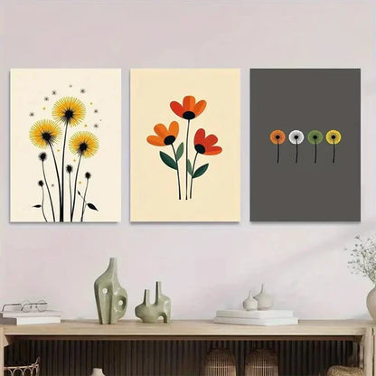 3pcs Vibrant Floral & Dandelion Beige, Red Wall Art Set Canvas Unframed - High Quality Print 100% Australian Made Wall Canvas